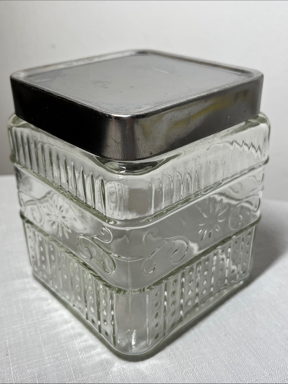 Vintage KOEZE’S Clear Glass Decorative Apothecary Storage Jar with Silver Lid